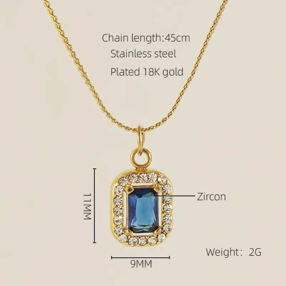 Pendant Necklace Women 45cm Gold Blue Zircon Halo Stainless Steel 18K